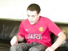 Handsome young Brit masturbates and cums after an interview